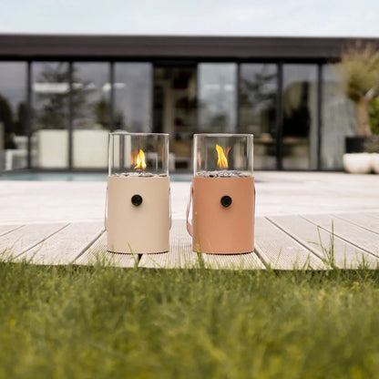 Cosiscoop Beige Taupe Metal & Glass Gas Fire Lantern with Cylindrical Base & Handle - Outdoor Tabletop Firepit 30x16x16cm - Click Style