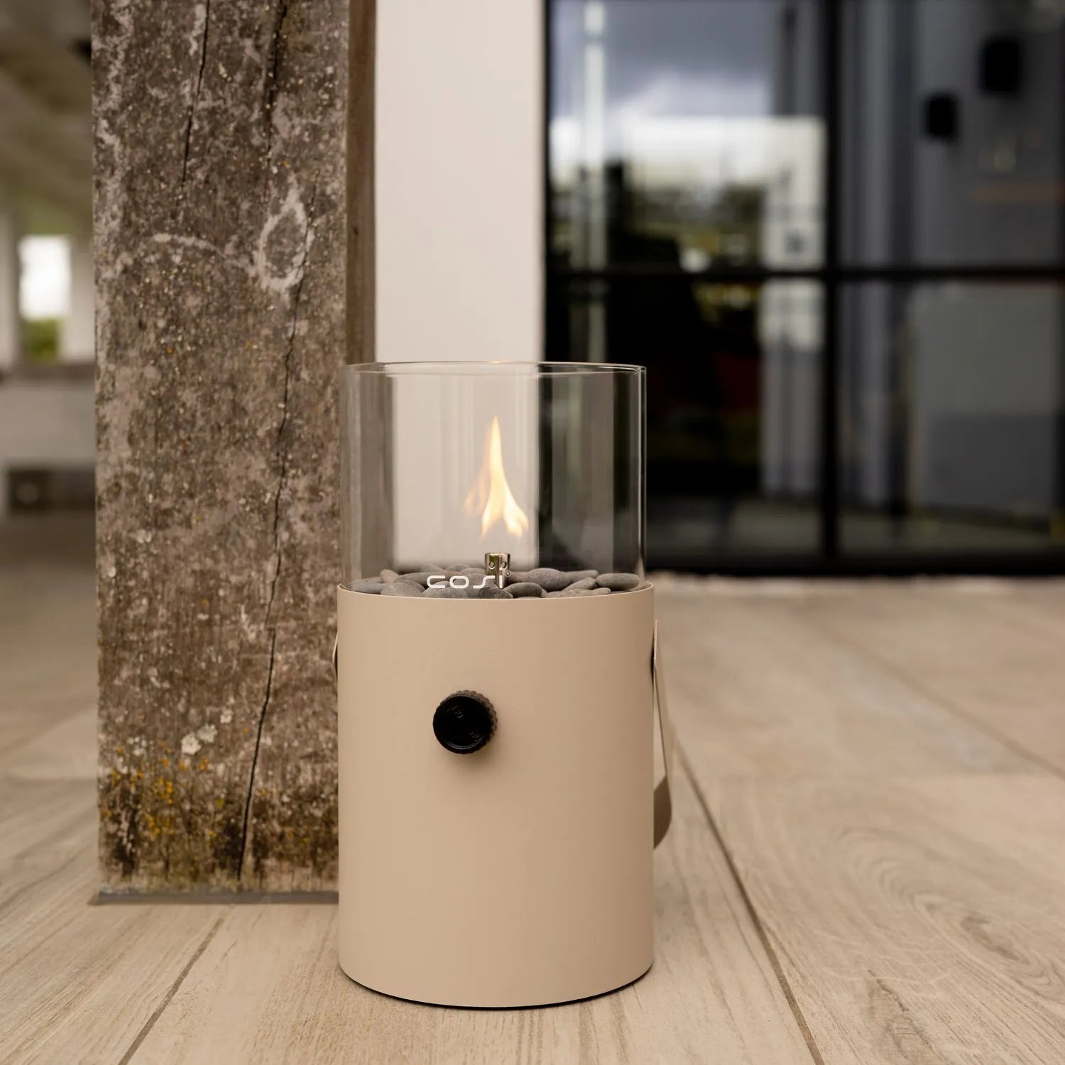 Cosiscoop Beige Taupe Metal & Glass Gas Fire Lantern with Cylindrical Base & Handle - Outdoor Tabletop Firepit 30x16x16cm - Click Style