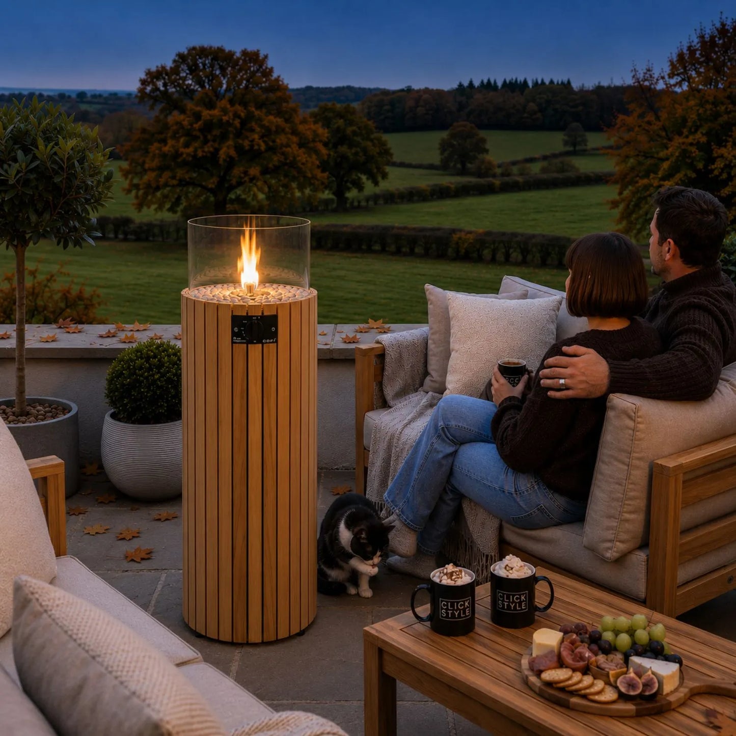Cosiscoop Cylindrical Slatted Teak Outdoor Gas Fire Lantern with Tempered Glass Guard 106x39x39cm | Click Style