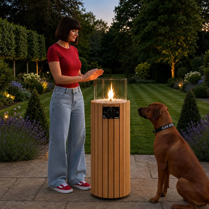 Cosiscoop Cylindrical Slatted Teak Outdoor Gas Fire Lantern with Tempered Glass Guard 106x39x39cm | Click Style