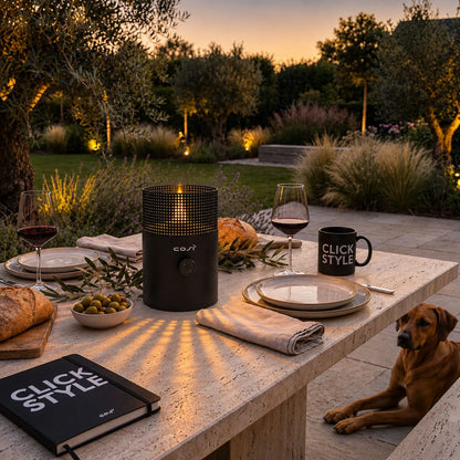 Cosiscoop Dot Anthracite Black Metal Tabletop Gas Fire Lantern with Precision Perforated Wind Guard | Click Style