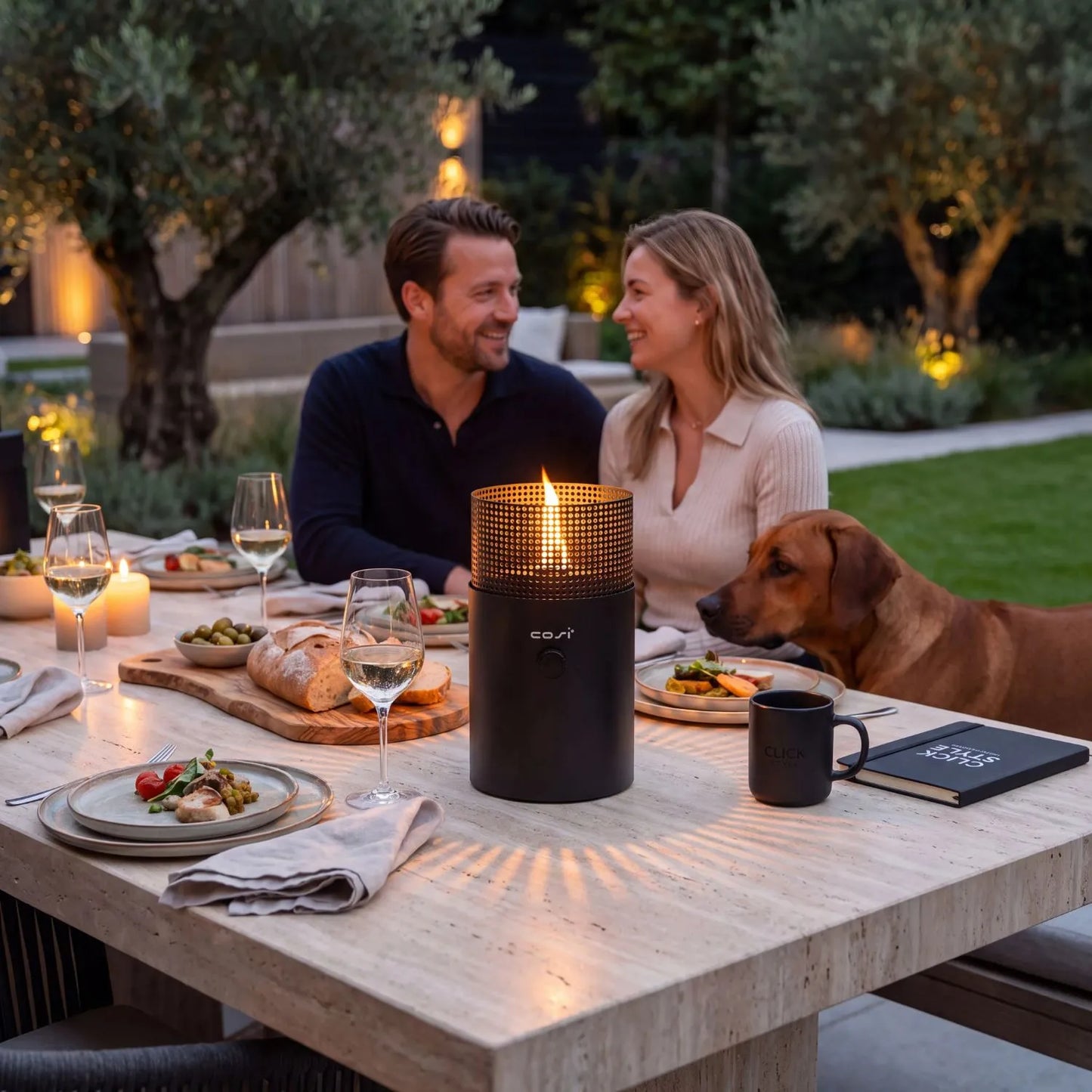 Cosiscoop Dot Anthracite Black Metal Tabletop Gas Fire Lantern with Circular Perforated Wind Guard | Click Style