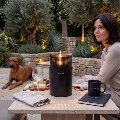 Cosiscoop Dot Anthracite Black Metal Tabletop Gas Fire Lantern with Cylindrical Perforated Wind Guard | Click Style