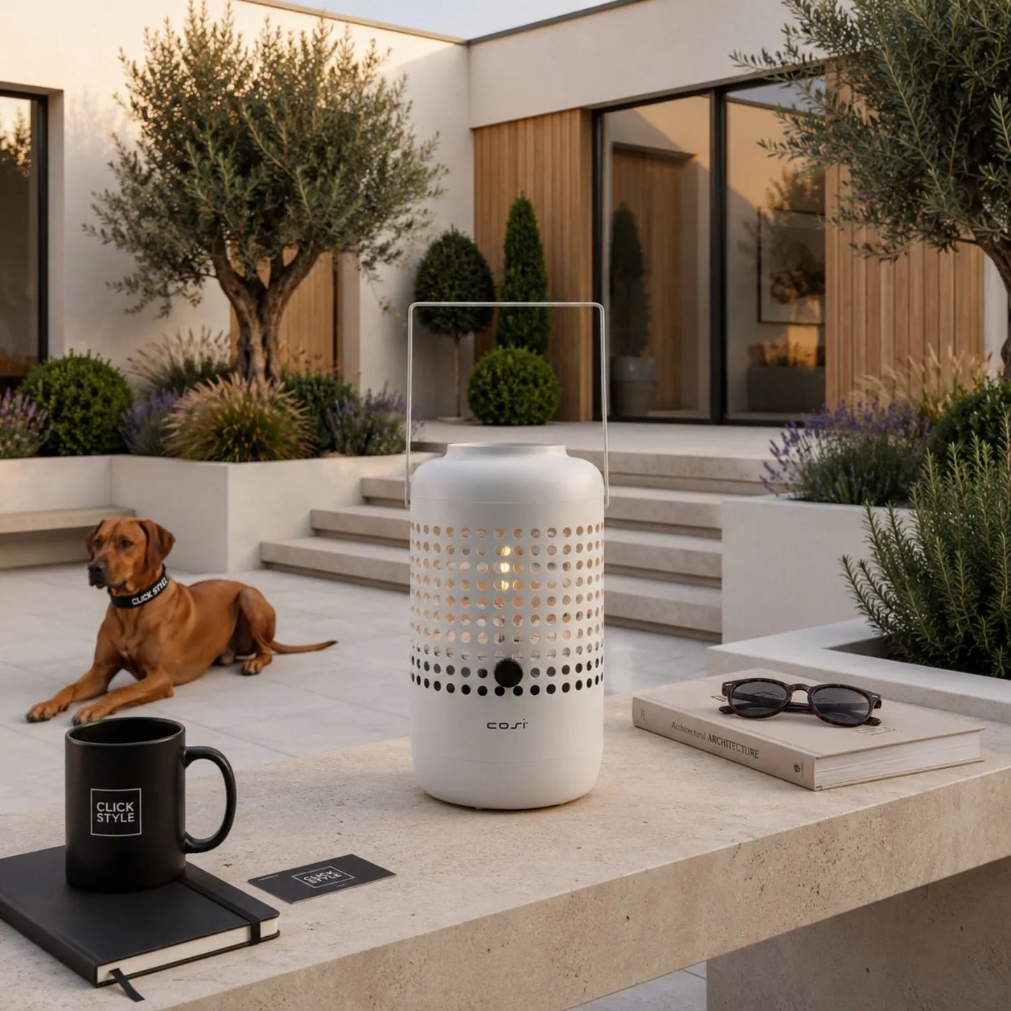 Cosiscoop Drop Light Grey Metal Outdoor Tabletop Gas Fire Lantern with Perforated Base and Carry Handle 37x20x20cm | Click Style