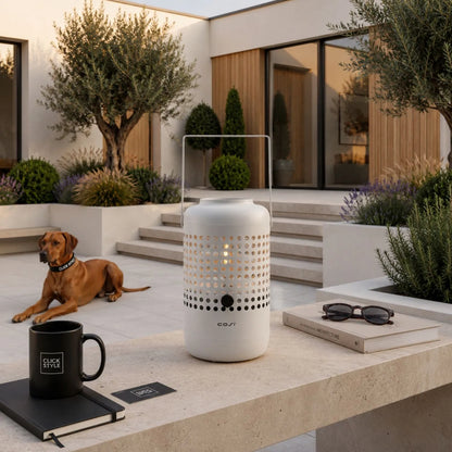 Cosiscoop Drop Light Grey Metal Outdoor Tabletop Gas Fire Lantern with Perforated Base and Carry Handle 37x20x20cm | Click Style
