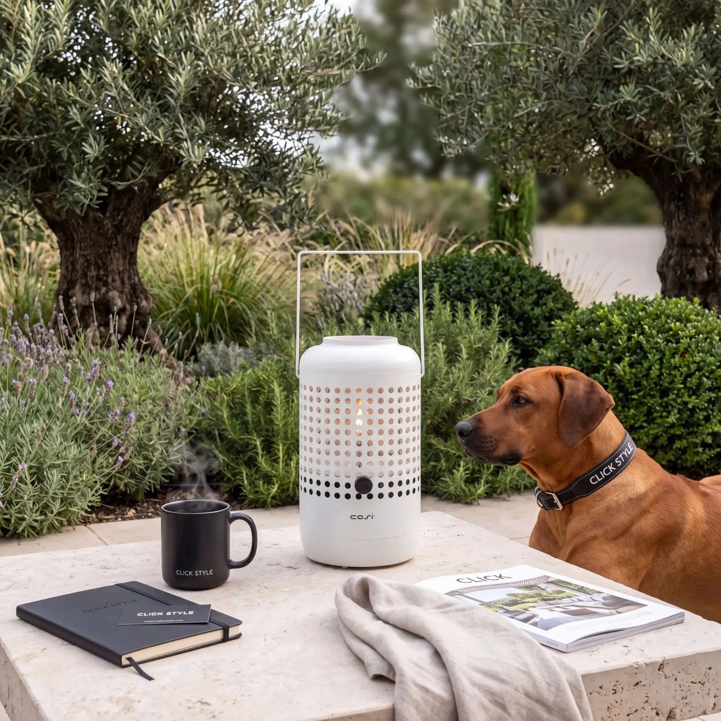 Cosiscoop Drop Light Grey Metal Outdoor Tabletop Gas Fire Lantern with Perforated Base and Carry Handle 37x20x20cm | Click Style