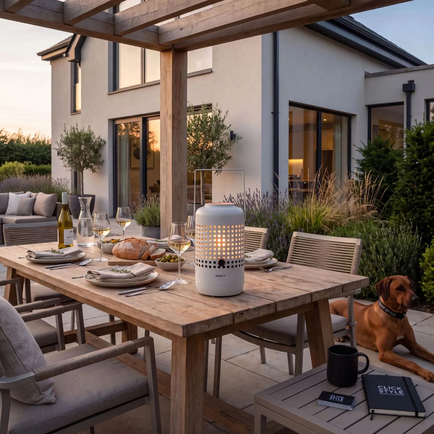 Cosiscoop Drop Light Grey Metal Outdoor Tabletop Gas Fire Lantern with Perforated Base and Carry Handle 37x20x20cm | Click Style