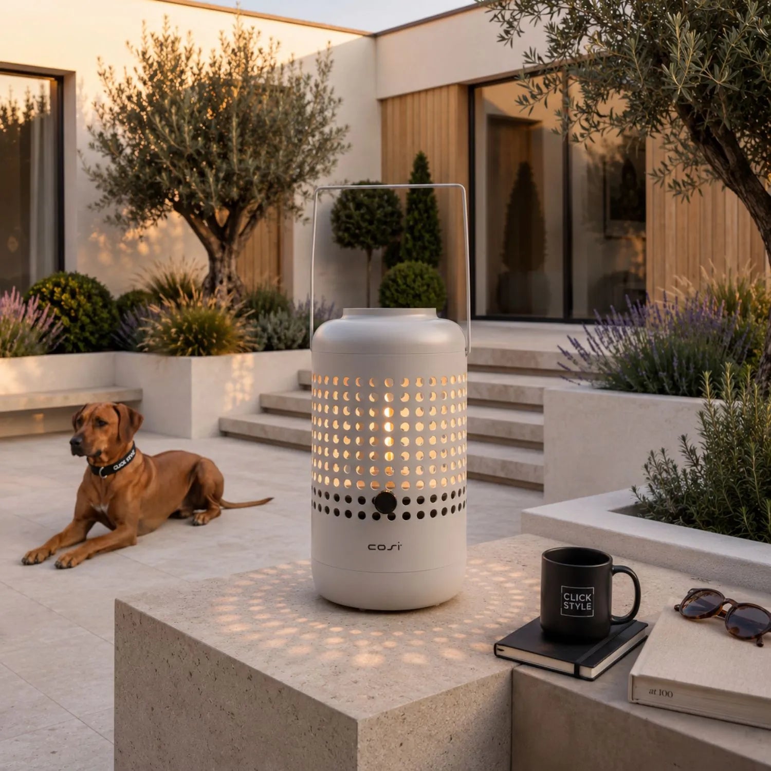 Cosiscoop Drop Light Grey Metal Outdoor Tabletop Gas Fire Lantern with Perforated Base and Carry Handle 37x20x20cm | Click Style