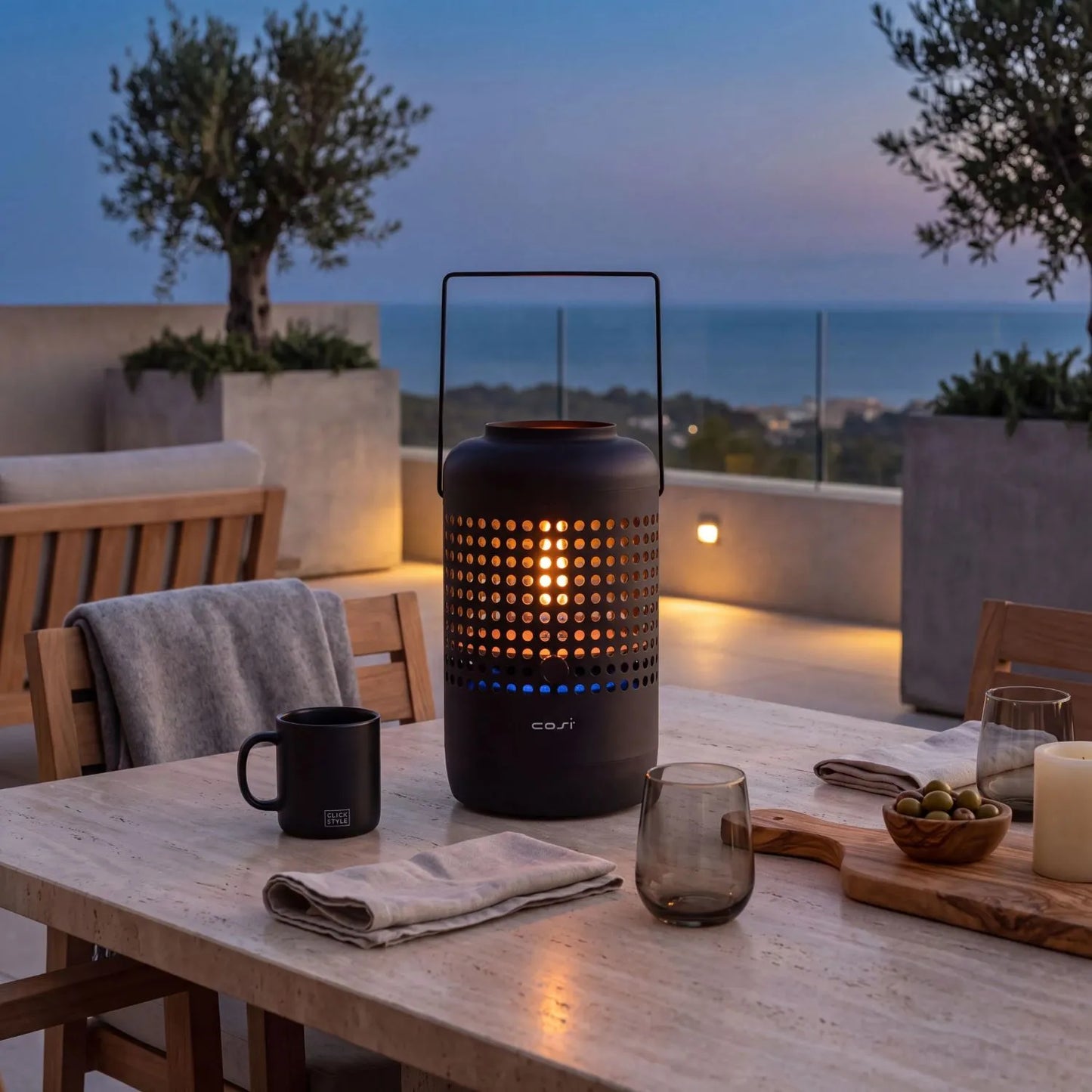 Cosiscoop Drop Matt Black Tabletop Gas Fire Lantern with Perforated Cylindrical Base 37x20x20cm | Click Style