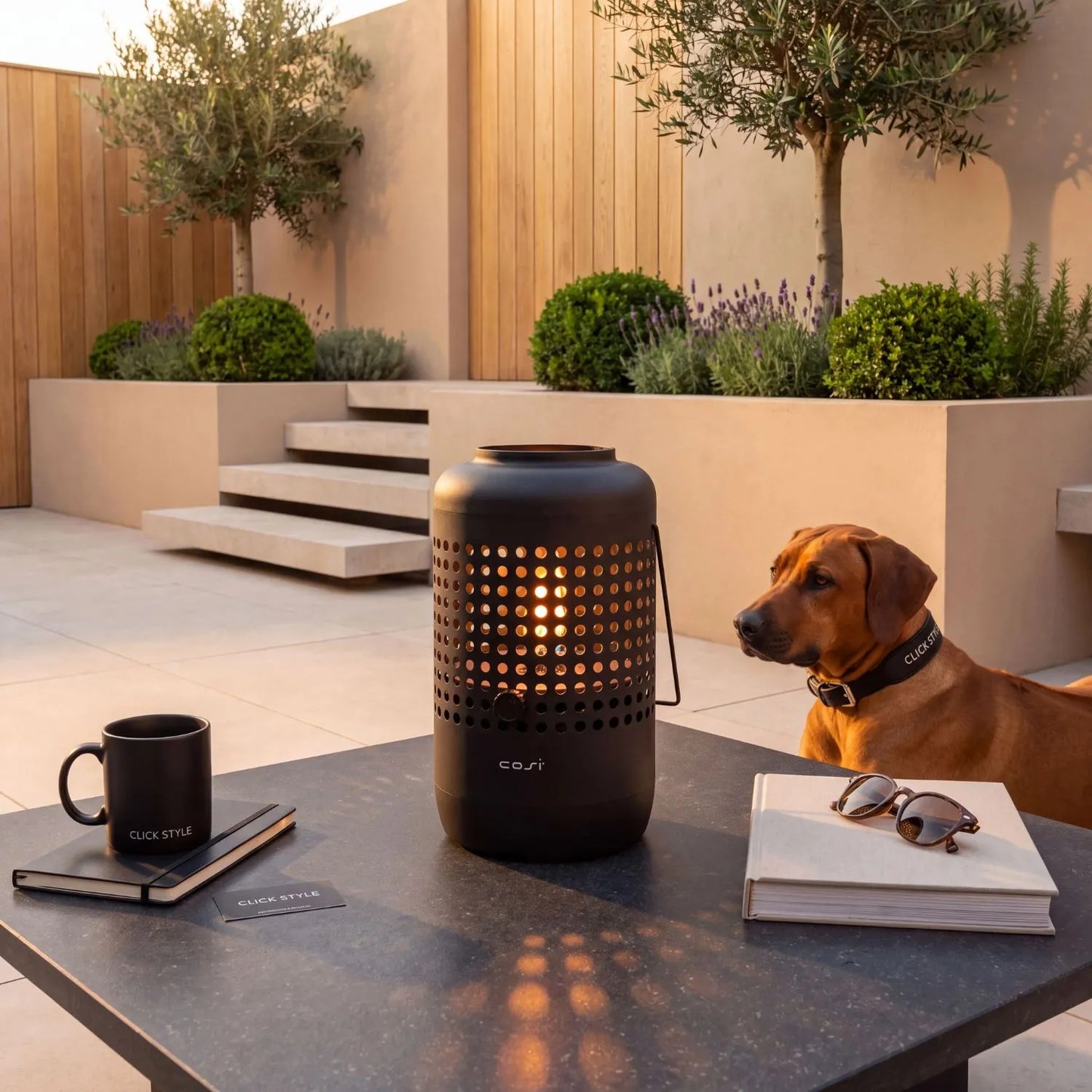 Cosiscoop Drop Matt Black Outdoor Gas Fire Lantern with Perforated Metal Base and Carry Handle 37x20x20cm | Click Style