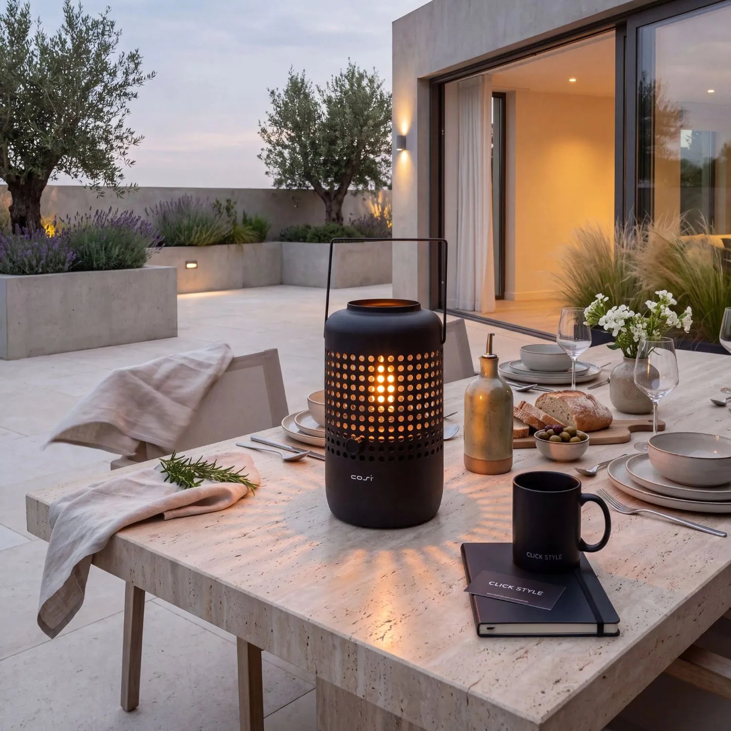 Cosiscoop Drop Matt Black Outdoor Tabletop Gas Fire Lantern with Perforated Base and Carry Handle 37x20x20cm | Click Style