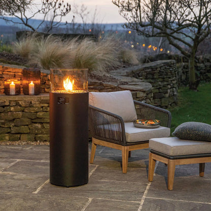 Cosiscoop Matt Black Metal Cylindrical Floor-Standing Pillar Fire Lantern with Glass Guard & Pebble Stones – Propane Outdoor Firepit 106x36x36cm - Click Style