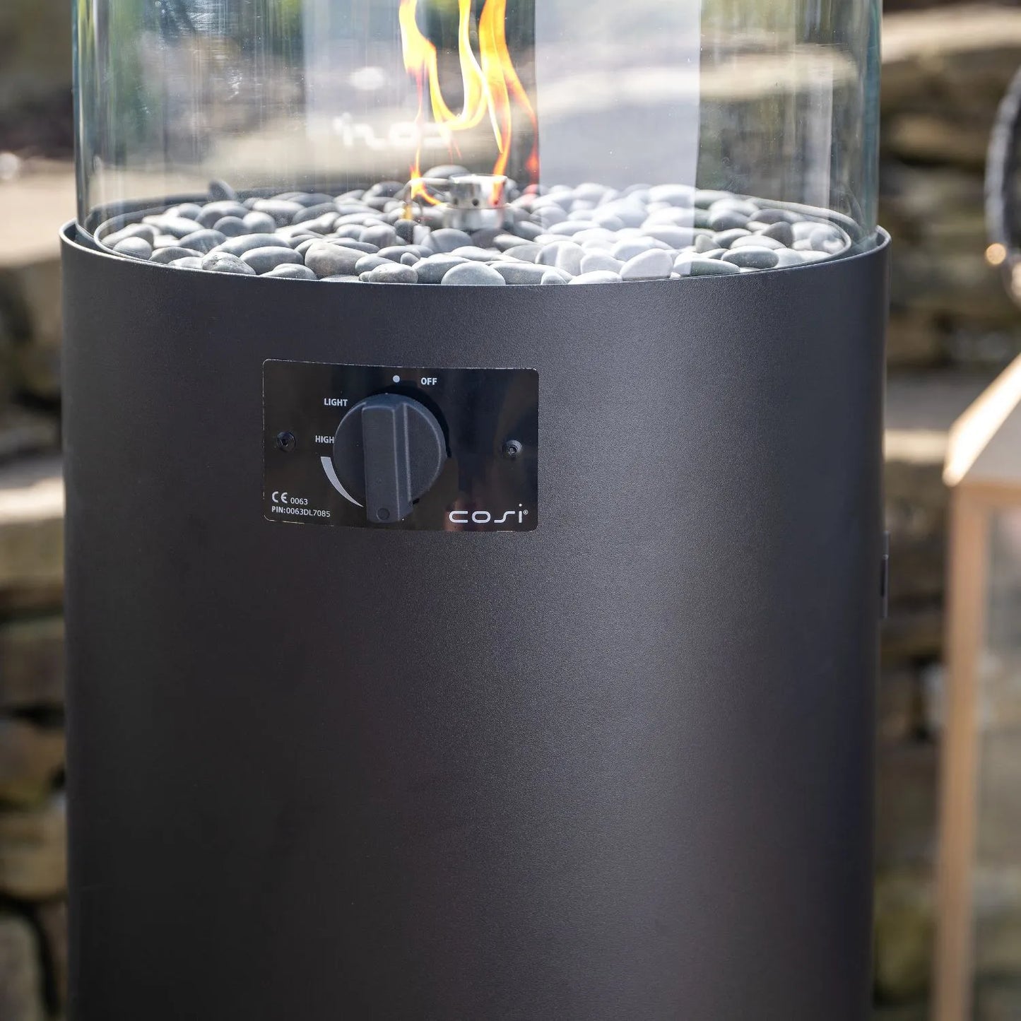 Cosiscoop Matt Black Metal Cylindrical Floor-Standing Pillar Fire Lantern with Glass Guard & Pebble Stones – Propane Outdoor Firepit 106x36x36cm - Click Style