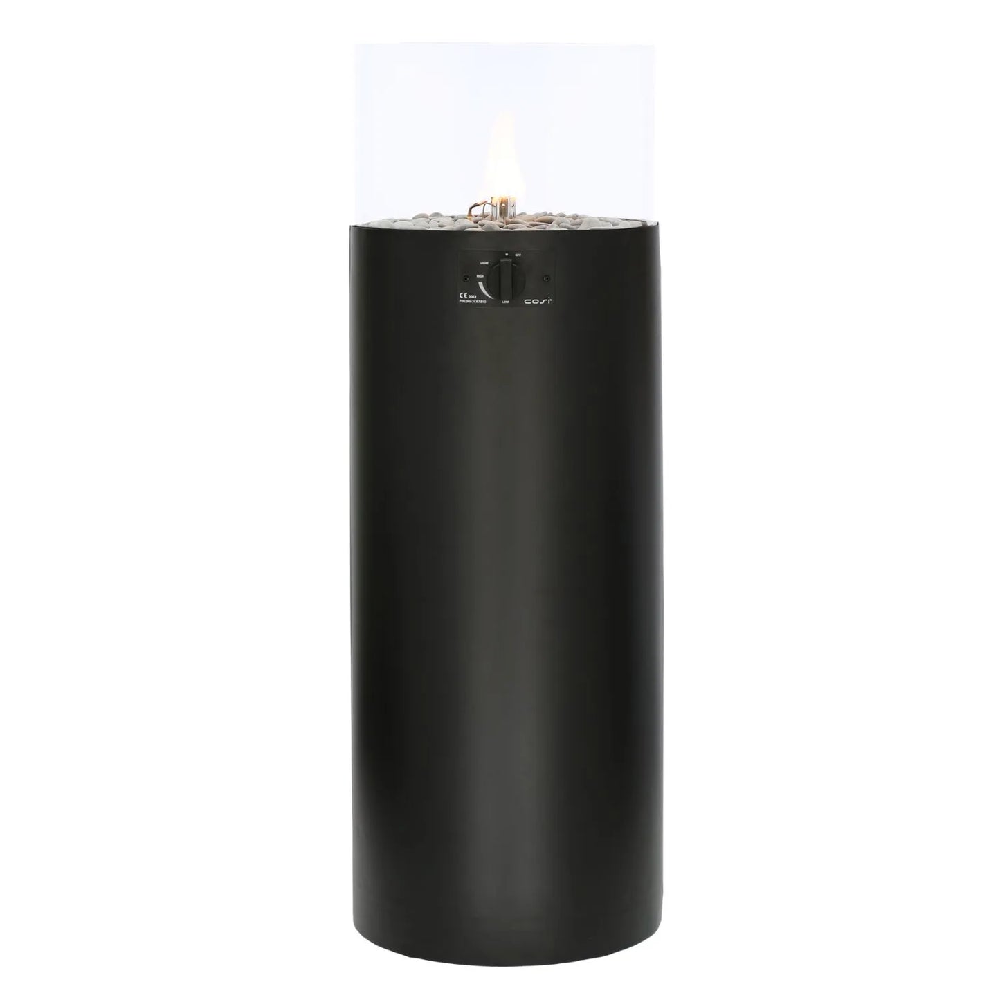 Cosiscoop Matt Black Metal Cylindrical Floor-Standing Pillar Fire Lantern with Glass Guard & Pebble Stones – Propane Outdoor Firepit 106x36x36cm - Click Style