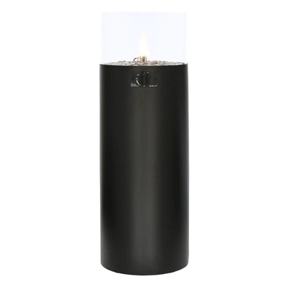 Cosiscoop Matt Black Metal Cylindrical Floor-Standing Pillar Fire Lantern with Glass Guard & Pebble Stones – Propane Outdoor Firepit 106x36x36cm - Click Style