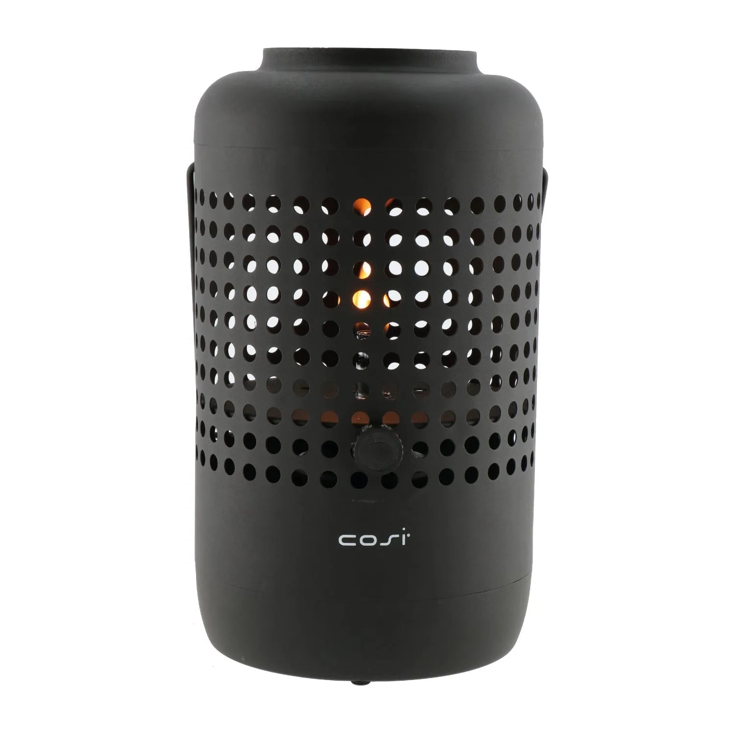 Cosiscoop Matt Black Metal Gas Fire Lantern with Handle – Cylindrical Base Outdoor Tabletop Firepit Heater 37x20x20cm - Click Style