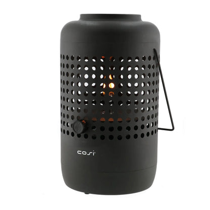 Cosiscoop Matt Black Metal Gas Fire Lantern with Handle – Cylindrical Base Outdoor Tabletop Firepit Heater 37x20x20cm - Click Style