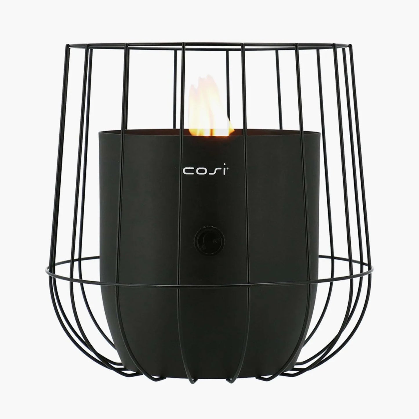 Cosiscoop Matt Black Metal Gas Fire Lantern with Wire Basket Frame - Modern Scandi Outdoor Tabletop Firepit 31x26x26 - Click Style