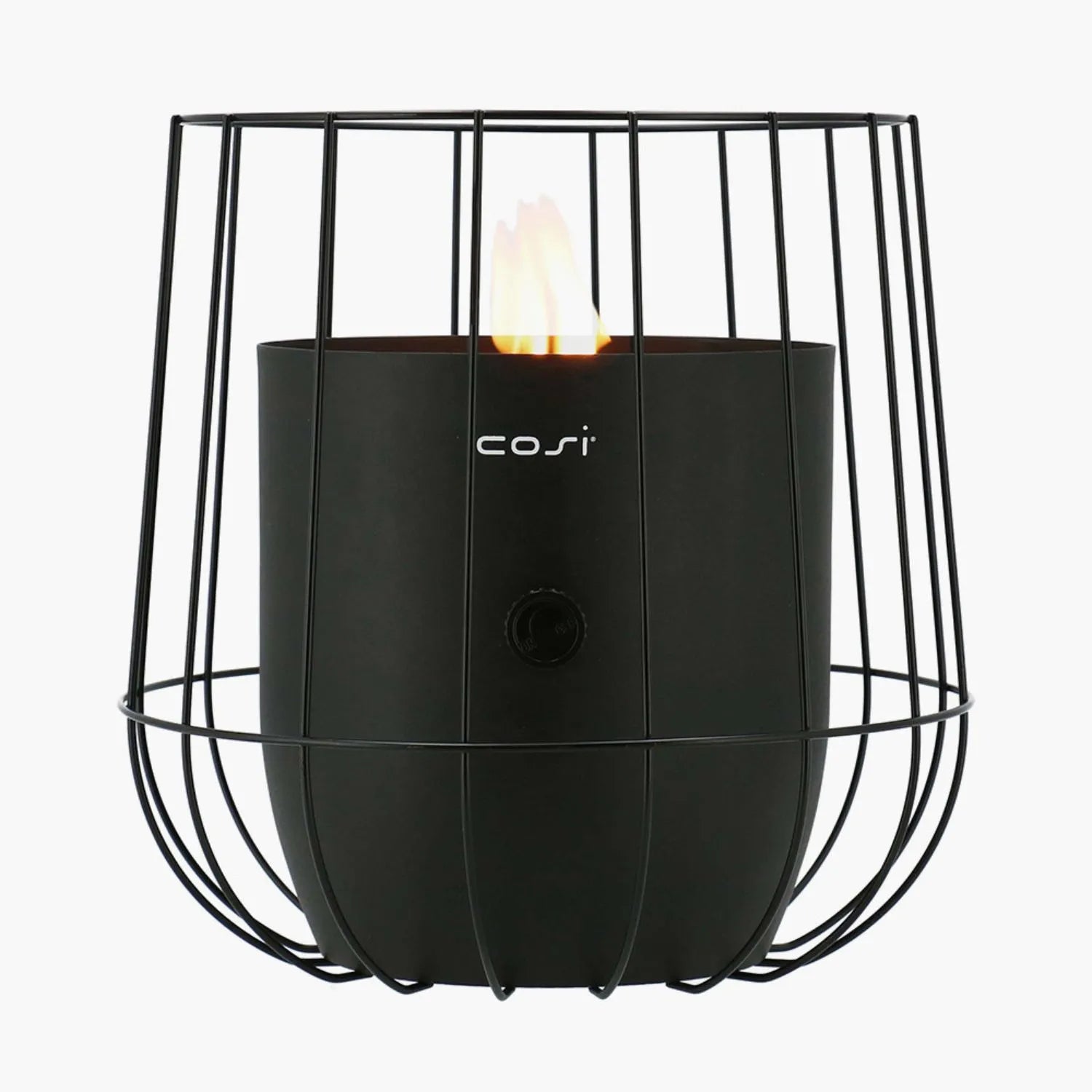 Cosiscoop Matt Black Metal Gas Fire Lantern with Wire Basket Frame - Modern Scandi Outdoor Tabletop Firepit 31x26x26 - Click Style