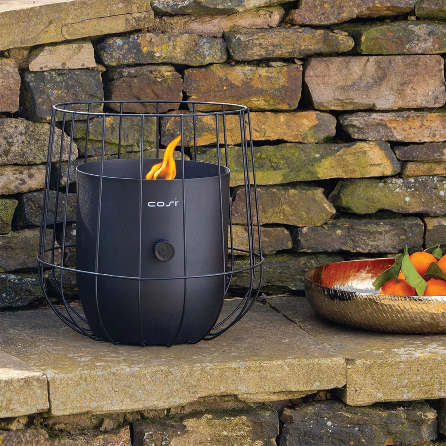 Cosiscoop Matt Black Metal Gas Fire Lantern with Wire Basket Frame - Modern Scandi Outdoor Tabletop Firepit 31x26x26 - Click Style