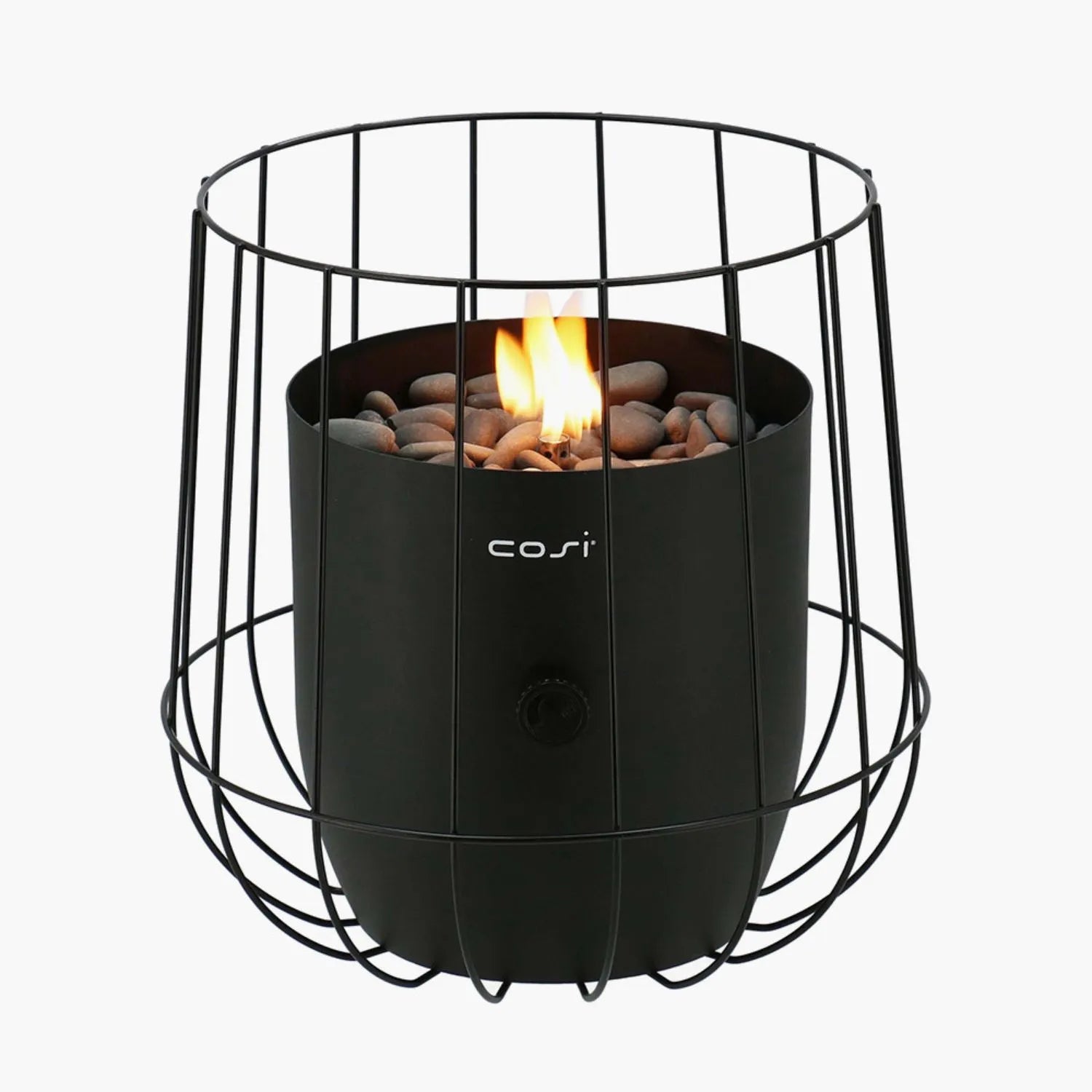 Cosiscoop Matt Black Metal Gas Fire Lantern with Wire Basket Frame - Modern Scandi Outdoor Tabletop Firepit 31x26x26 - Click Style