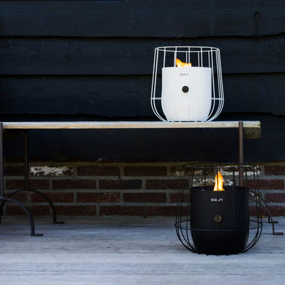 Cosiscoop Matt Black Metal Gas Fire Lantern with Wire Basket Frame - Modern Scandi Outdoor Tabletop Firepit 31x26x26 - Click Style