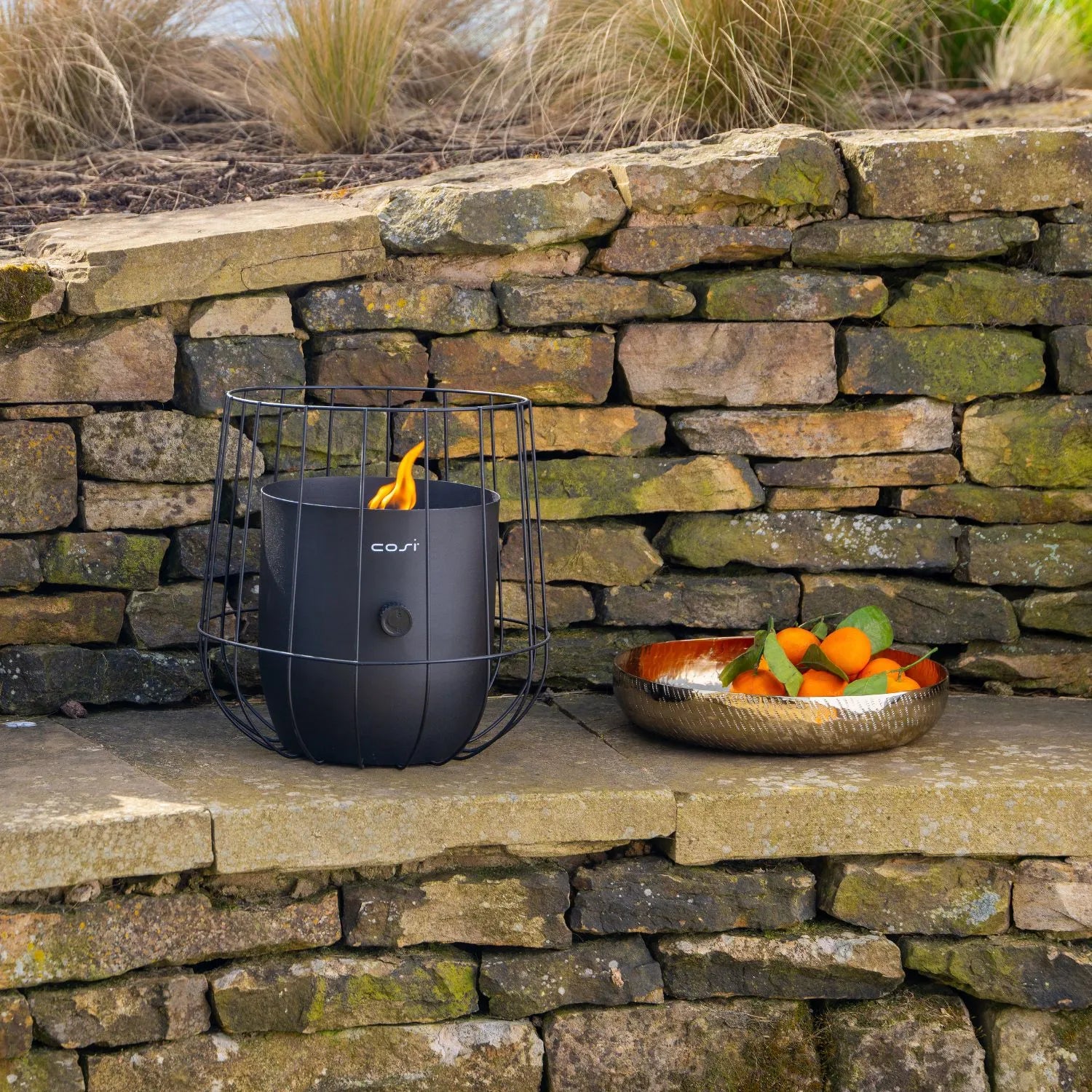 Cosiscoop Matt Black Metal Gas Fire Lantern with Wire Basket Frame - Modern Scandi Outdoor Tabletop Firepit 31x26x26 - Click Style