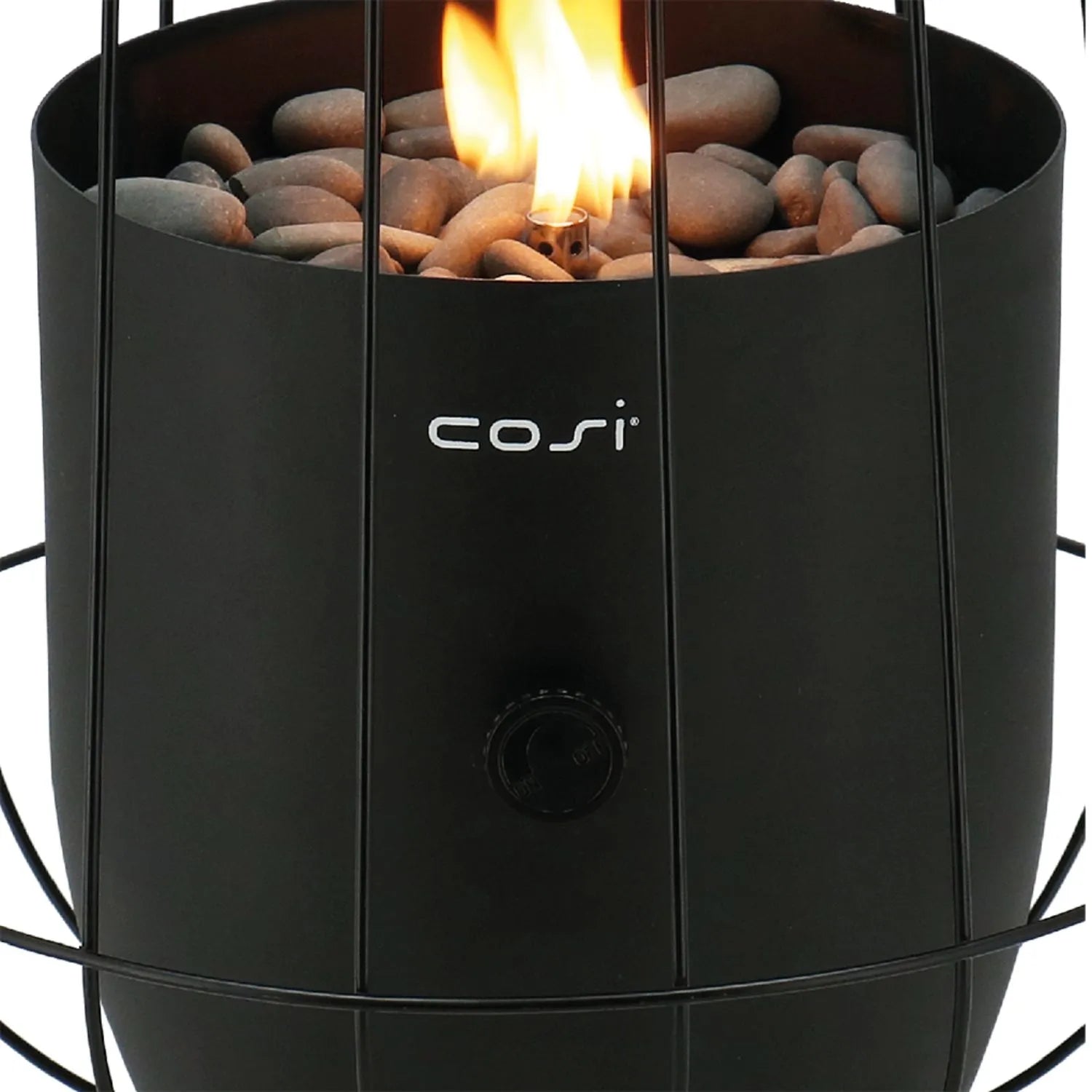 Cosiscoop Matt Black Metal Gas Fire Lantern with Wire Basket Frame - Modern Scandi Outdoor Tabletop Firepit 31x26x26 - Click Style