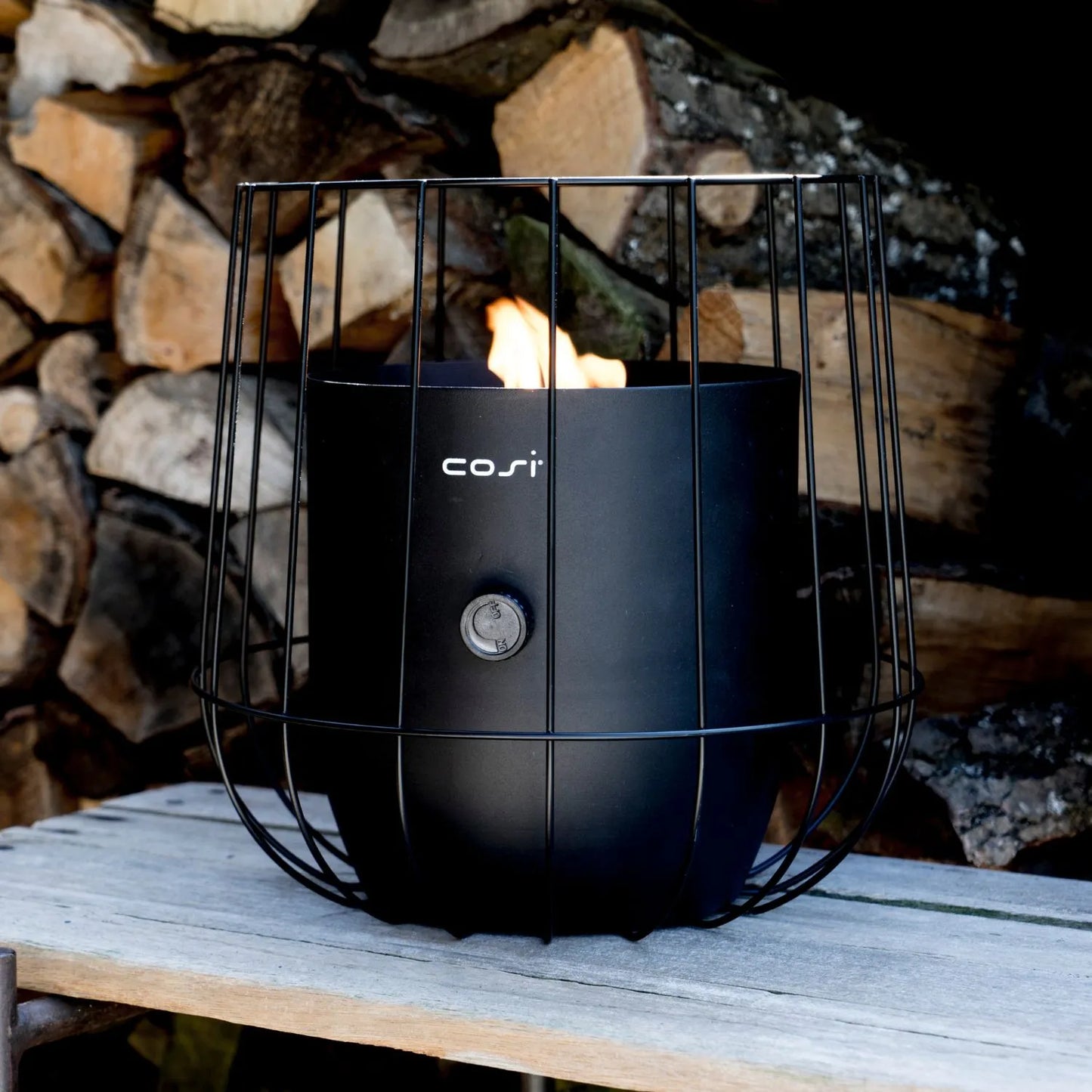 Cosiscoop Matt Black Metal Gas Fire Lantern with Wire Basket Frame - Modern Scandi Outdoor Tabletop Firepit 31x26x26 - Click Style