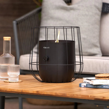 Cosiscoop Matt Black Metal Gas Fire Lantern with Wire Basket Frame - Modern Scandi Outdoor Tabletop Firepit 31x26x26 - Click Style