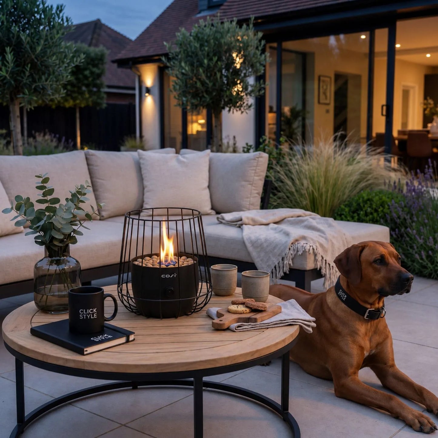 Cosiscoop Matt Black Metal Scandinavian-Inspired Outdoor Tabletop Gas Fire Lantern with Wire Basket Frame 31x31x31cm | Click Style