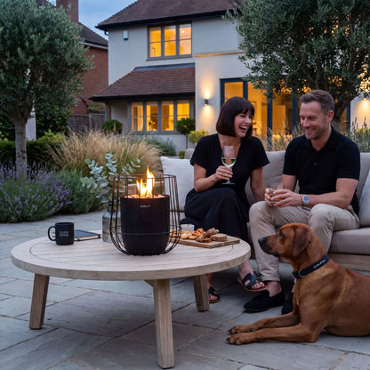 Cosiscoop Matt Black Metal Scandinavian-Inspired Outdoor Tabletop Gas Fire Lantern with Wire Basket Frame 31x31x31cm | Click Style