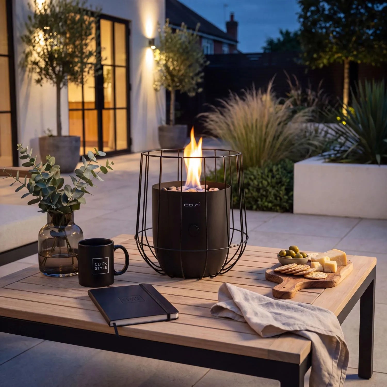 Cosiscoop Matt Black Metal Scandinavian-Inspired Outdoor Tabletop Gas Fire Lantern with Wire Basket Frame 31x31x31cm | Click Style