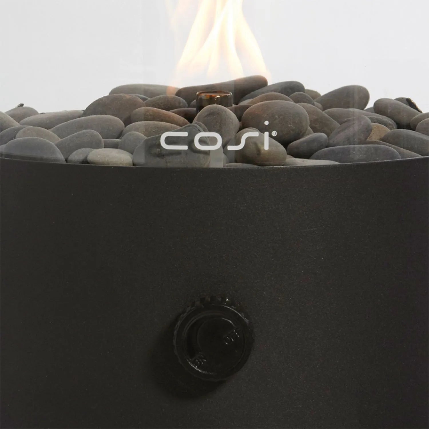 Cosiscoop Matt Black Metal & Glass Gas Fire Lantern with Cylindrical Base - Outdoor Tabletop Firepit 30x21x21cm - Click Style