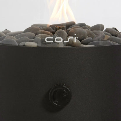 Cosiscoop Matt Black Metal & Glass Gas Fire Lantern with Cylindrical Base - Outdoor Tabletop Firepit 30x21x21cm - Click Style