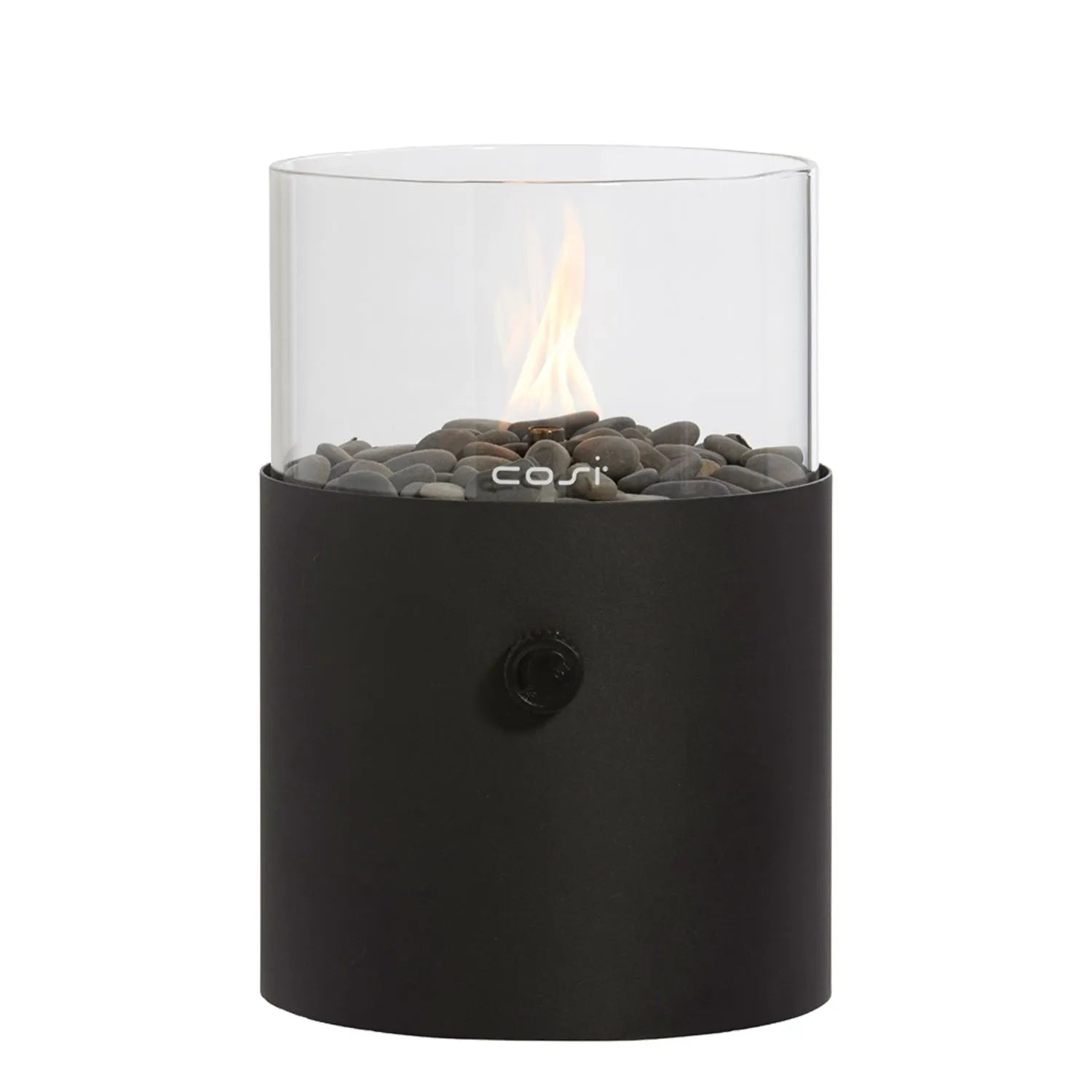 Cosiscoop Matt Black Metal & Glass Gas Fire Lantern with Cylindrical Base - Outdoor Tabletop Firepit 30x21x21cm - Click Style