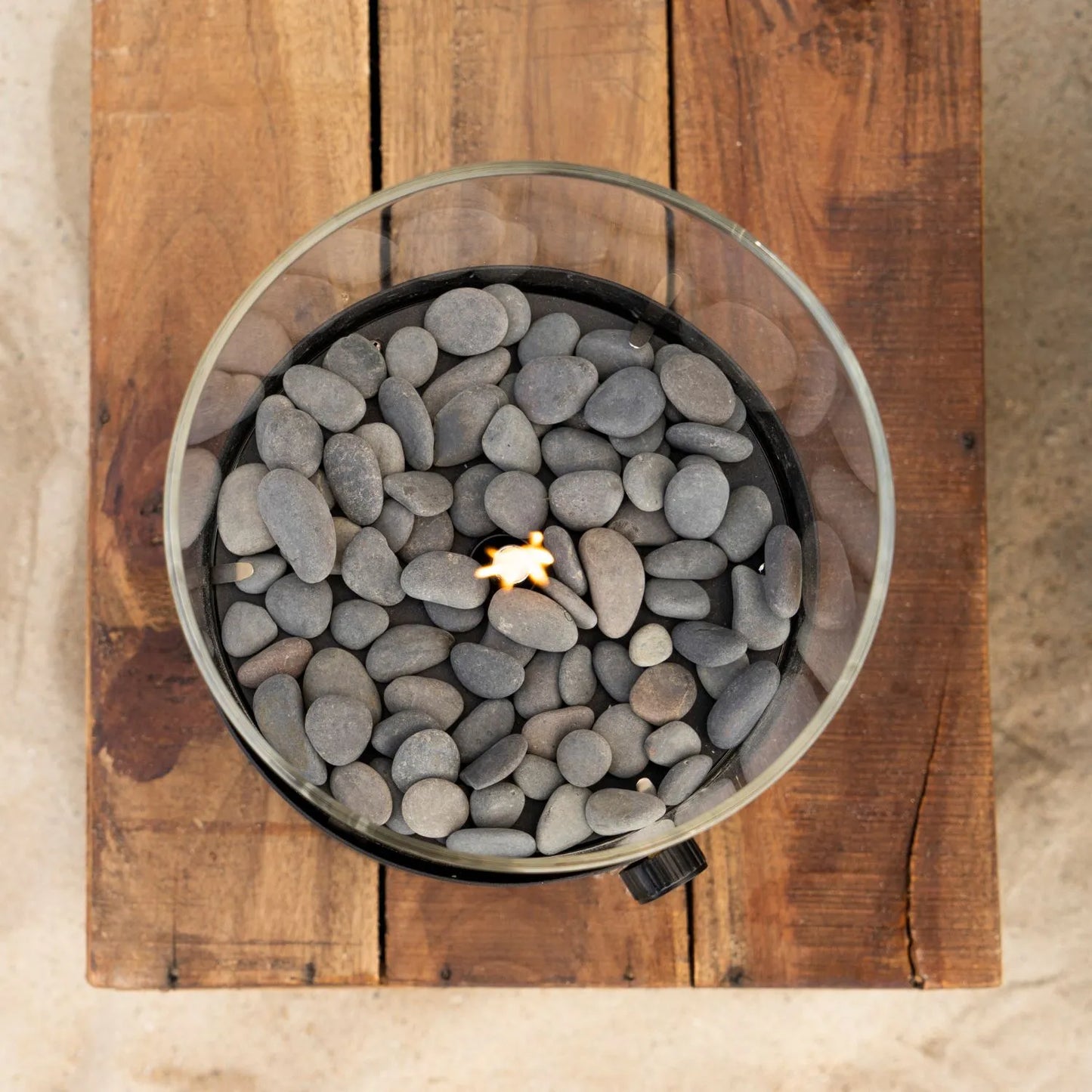 Cosiscoop Matt Black Metal & Glass Gas Fire Lantern with Cylindrical Base - Outdoor Tabletop Firepit 30x21x21cm - Click Style