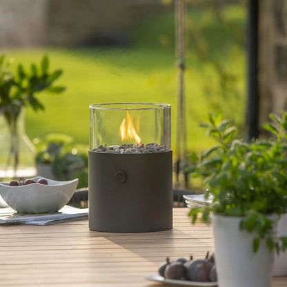 Cosiscoop Matt Black Metal & Glass Gas Fire Lantern with Cylindrical Base - Outdoor Tabletop Firepit 30x21x21cm - Click Style