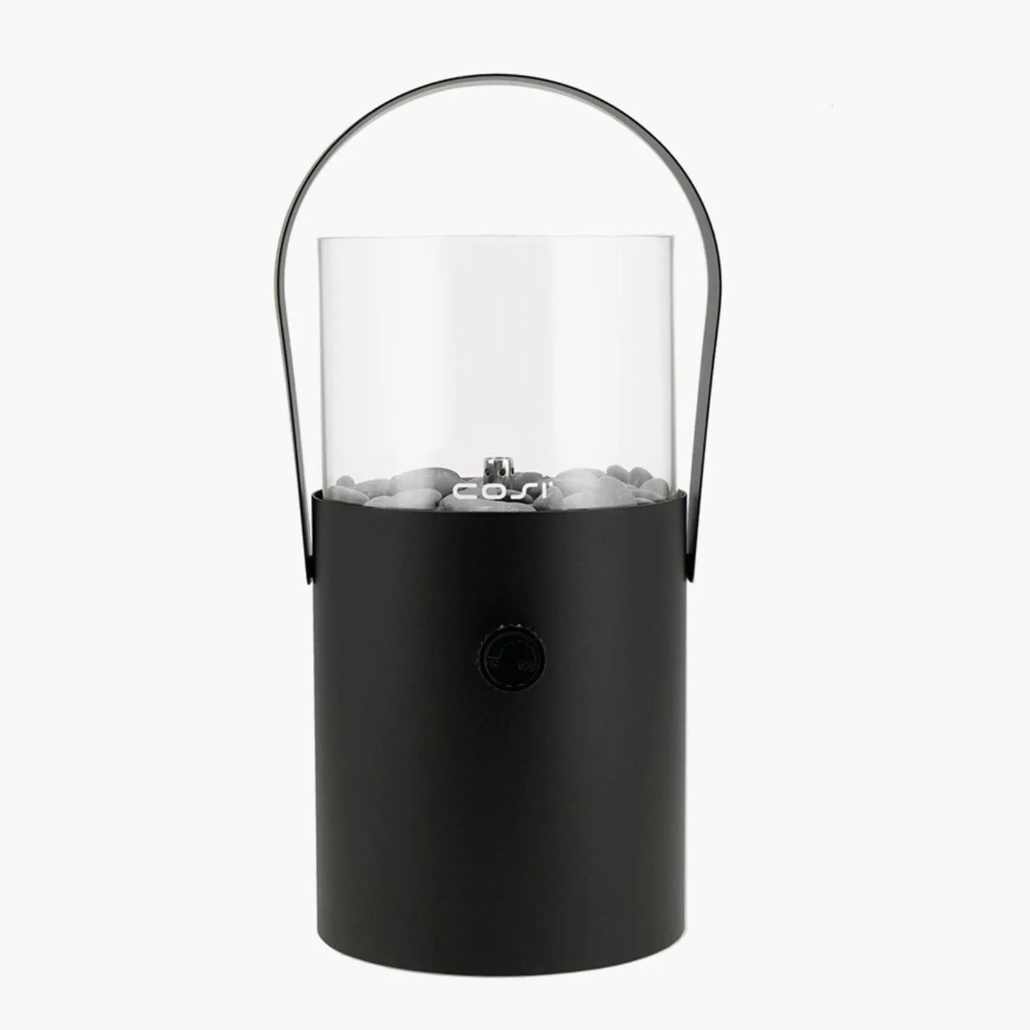 Cosiscoop Matt Black Metal & Glass Gas Fire Lantern with Cylindrical Base & Handle - Outdoor Tabletop Firepit 30x16x16cm - Click Style