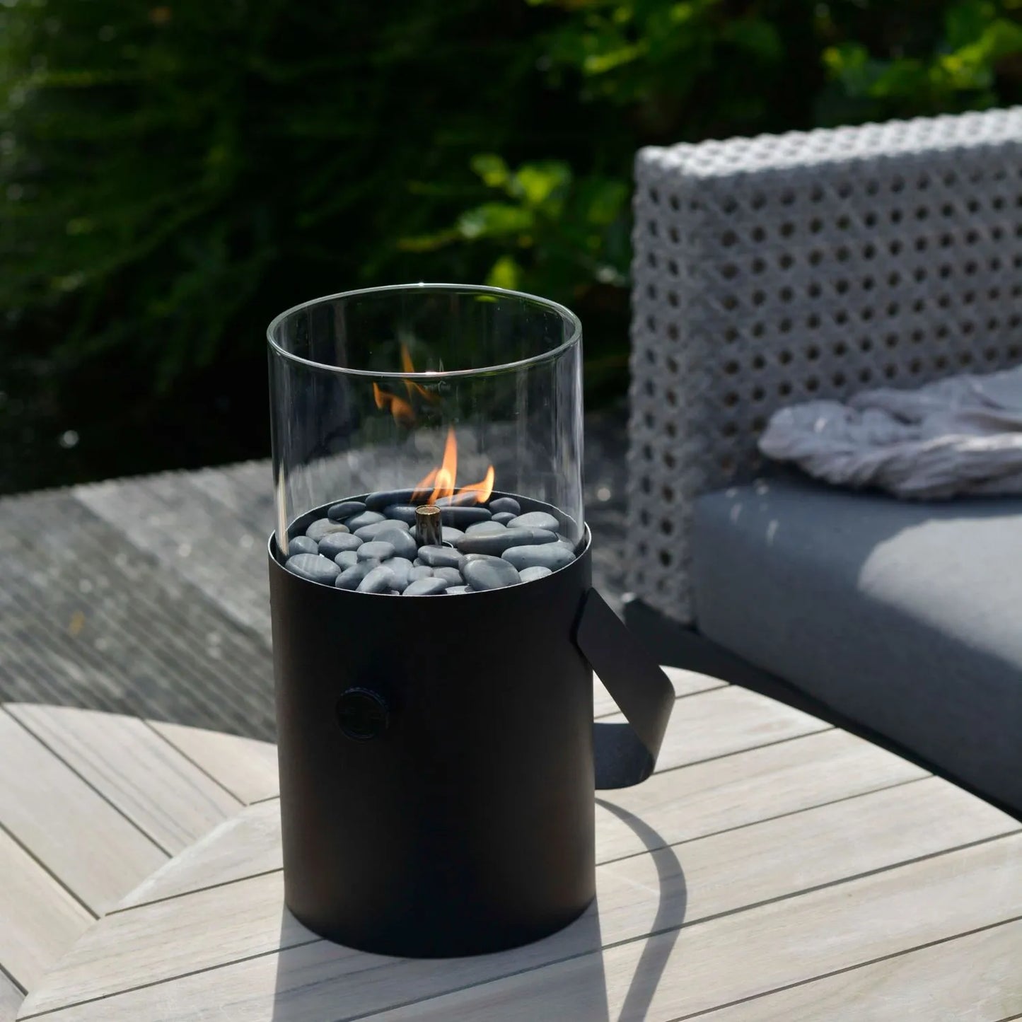 Cosiscoop Matt Black Metal & Glass Gas Fire Lantern with Cylindrical Base & Handle - Outdoor Tabletop Firepit 30x16x16cm - Click Style