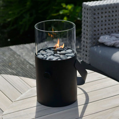 Cosiscoop Matt Black Metal & Glass Gas Fire Lantern with Cylindrical Base & Handle - Outdoor Tabletop Firepit 30x16x16cm - Click Style