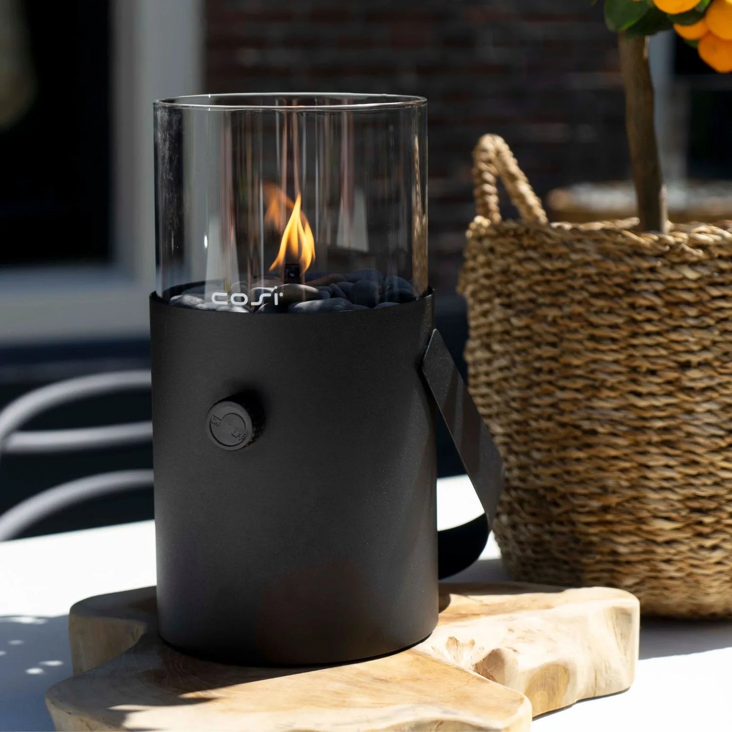 Cosiscoop Matt Black Metal & Glass Gas Fire Lantern with Cylindrical Base & Handle - Outdoor Tabletop Firepit 30x16x16cm - Click Style