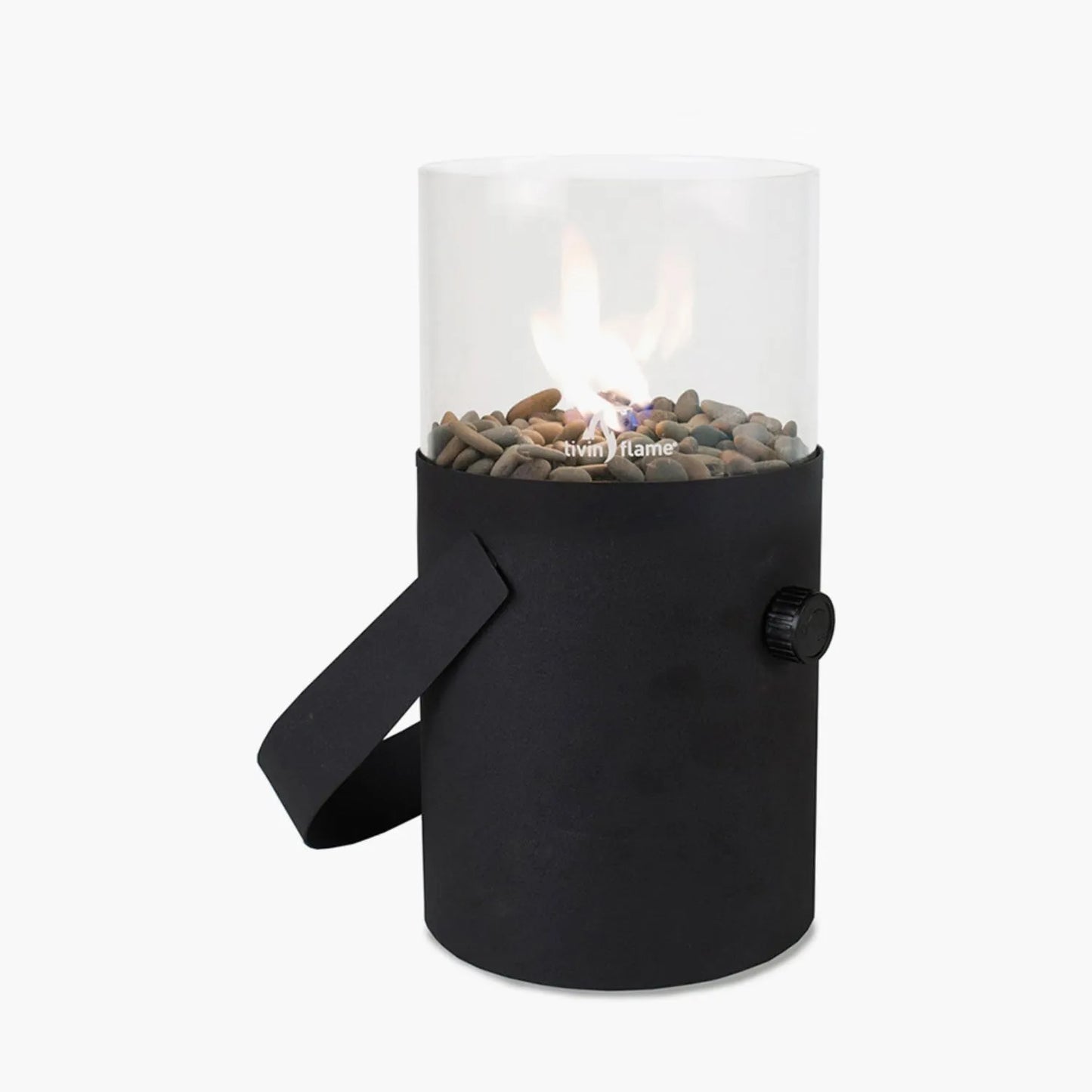 Cosiscoop Matt Black Metal & Glass Gas Fire Lantern with Cylindrical Base & Handle - Outdoor Tabletop Firepit 30x16x16cm - Click Style