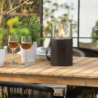 Cosiscoop Matt Black Outdoor Tabletop Metal & Glass Gas Fire Lantern with Carry Handle 30x16x16cm | Click Style