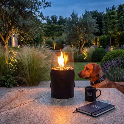 Cosiscoop Matt Black Metal & Glass Freestanding Outdoor Gas Fire Lantern with Carry Handle 30x16x16cm | Click Style