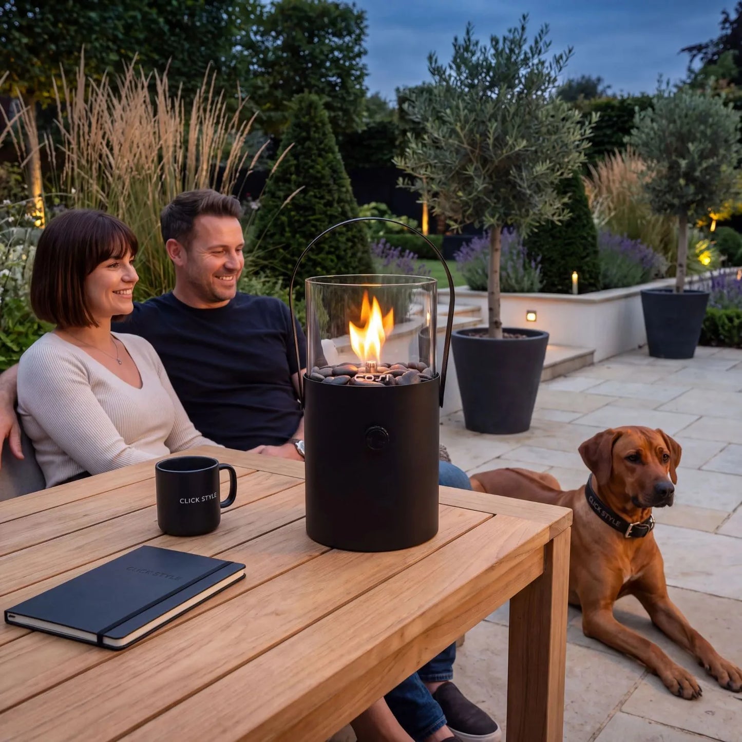 Cosiscoop Matt Black Metal & Glass Outdoor Tabletop Gas Fire Lantern with Carry Handle 30x16x16cm | Click Style