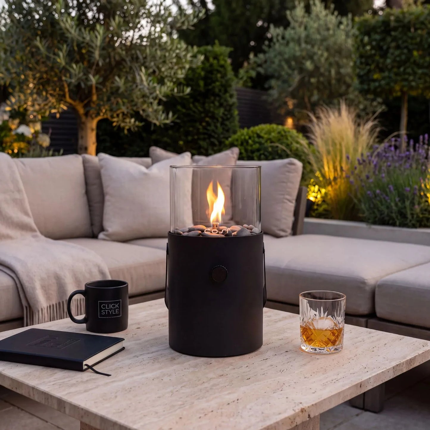 Cosiscoop Matt Black Metal & Glass Outdoor Tabletop Firepit Lantern with Carry Handle 30x16x16cm | Click Style