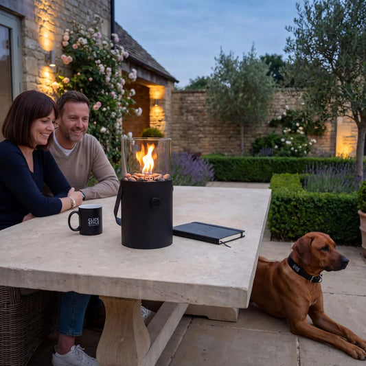 Cosiscoop Matt Black Metal & Glass Portable Outdoor Gas Fire Lantern with Carry Handle 30x16x16cm | Click Style