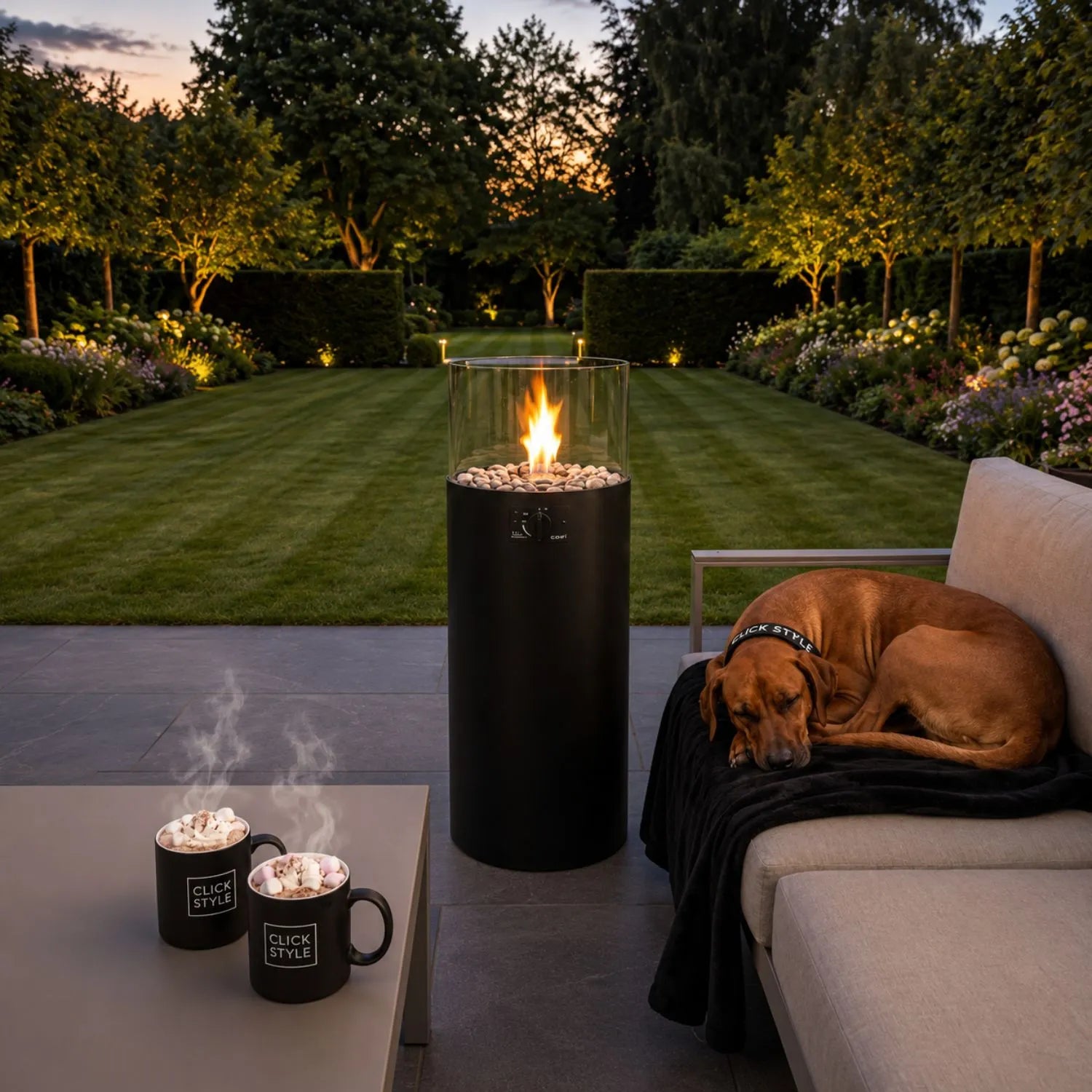 Cosiscoop Matt Black Outdoor Gas Fire Lantern with Cylindrical Metal Design Glass Guard Hidden 5kg Propane Gas Bottle Compartment Decorative Pebbles Floor-Standing 106x36x41cm | Click Style