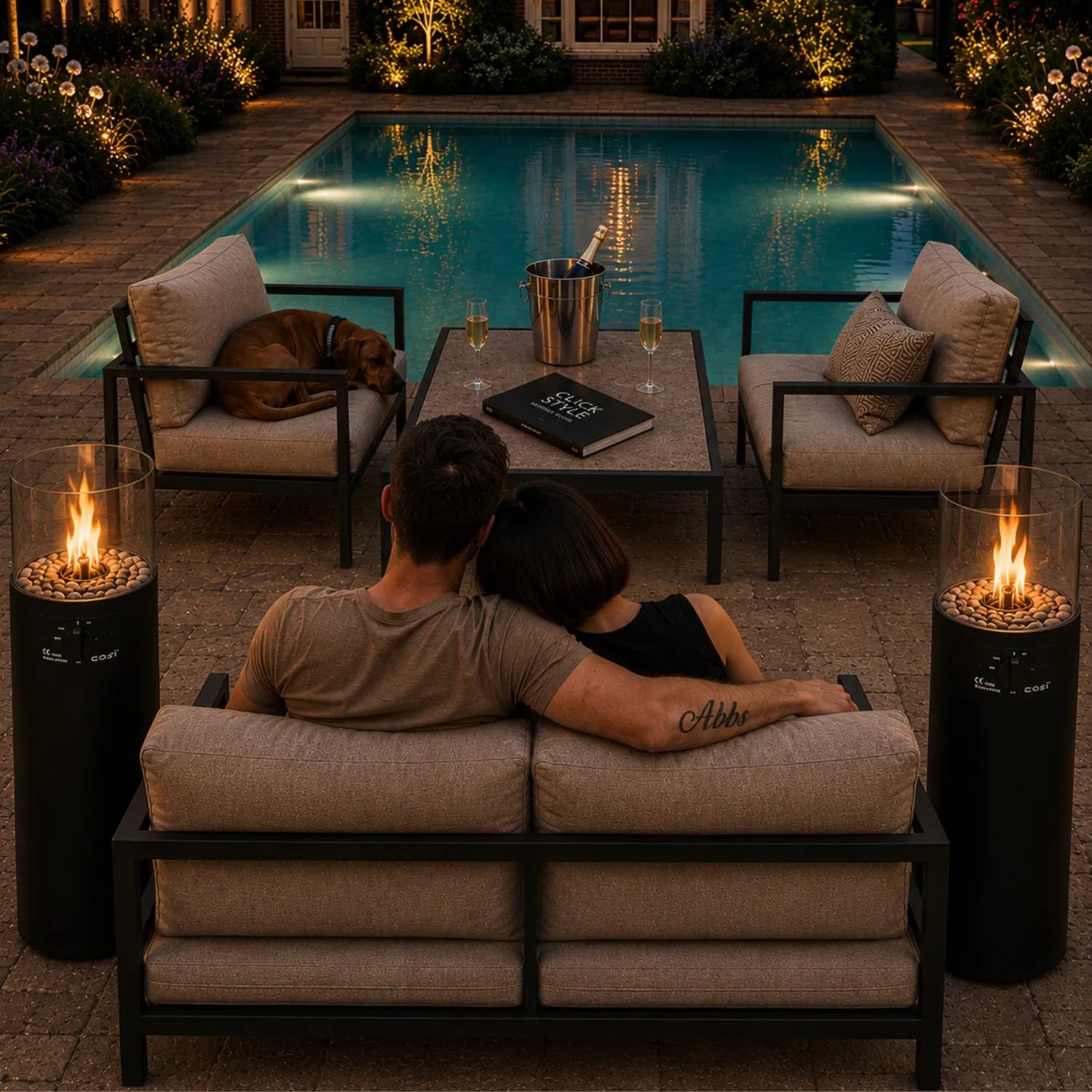 Cosiscoop Matt Black Outdoor Gas Fire Lantern with Cylindrical Metal Design Glass Guard Hidden 5kg Propane Gas Bottle Compartment Decorative Pebbles Floor-Standing 106x36x41cm | Click Style